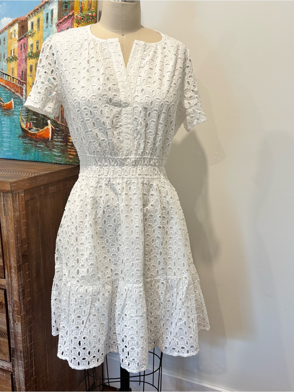 White Eyelet Short Sleeve Mini Dress with Smocked Waist and Notch Neck
